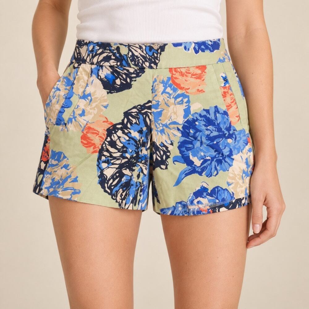 J.Crew Stretch Floral Print Side Zip Shorts Green Blue Women’s Size 00